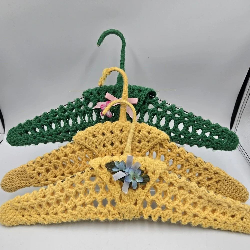 Crochet Knitted Hangers Grannycore Chic Lot of 3 VTG Handmade CountryCore Cottag